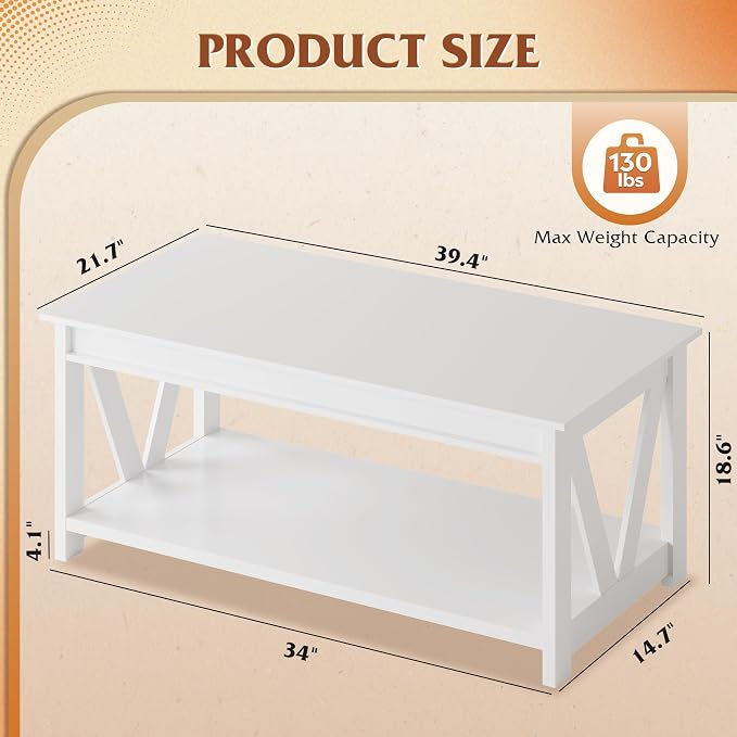 WLIVE Coffee Table with Storage Shelf, 39.4" Farmhouse Coffee Table with V-Frame Support, 2-Tier Wood Rustic Center Table for Living Room, Bedroom & Balcony, All White