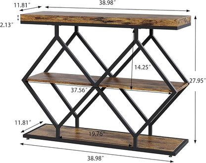 Garvee 3-Tier Entryway Table, Industrial Console Sofa Table with Storage, Accent Tables with Open Shelves, Diamond-Shaped Metal Frame, Foyer Tables for Entryway, Hallway, Rustic Brown