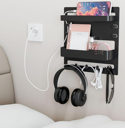 Yieach Bedside Shelf for Dorm Bed,Rv,Small Room and Nightstand,Wall Mounted Floating Shelves and Bedside Wall Organizer for Remote,Phone Holder,Charging Shelf,Cute Bedroom Decor for College Girl,Black