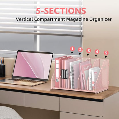 SUPEASY Binder Organizer, Magazine File Holder with 5 Vertical Compartments Rack, Metal Desk File Organizer & Binder Holders, Magazine Organizers for Office Desktop, Home, School, Classroom (Pink)