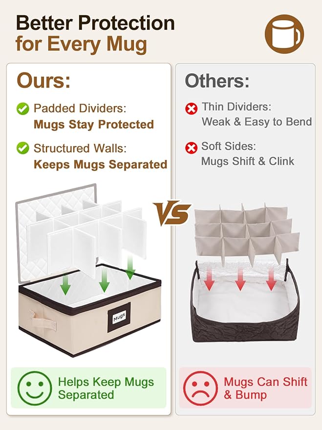 punemi Mug Storage Organizer, Coffee Mug Storage Boxes with Padded Dividers & Hard Shell Support, Stackable Tea Cup Storage Containers with Handles for Packing, Moving & China Storage, Beige, 2 Pack