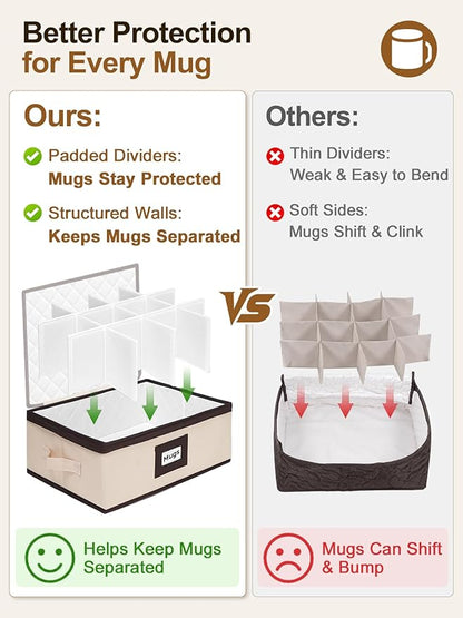 punemi Mug Storage Organizer, Coffee Mug Storage Boxes with Padded Dividers & Hard Shell Support, Stackable Tea Cup Storage Containers with Handles for Packing, Moving & China Storage, Beige, 2 Pack