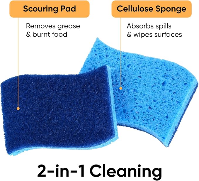 Superio Non-Scratch Cellulose Sponge Scrub (12-Pack) Heavy Duty Kitchen Sponges Scrubbers with Scouring Pad (Blue)