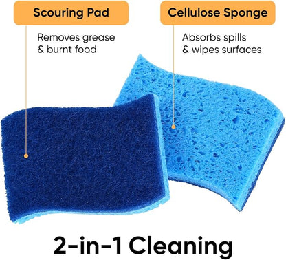 Superio Non-Scratch Cellulose Sponge Scrub (12-Pack) Heavy Duty Kitchen Sponges Scrubbers with Scouring Pad (Blue)