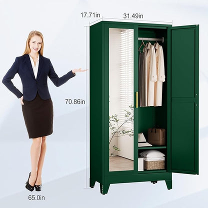 71" Metal Armoire Wardrobe Closet, Steel Clothing Storage Cabinet with Mirror and Adjustable Shelves, Household Steel Wardrobes Storage Cabinet with Adjustable Standing Feet and Hanging Rod（Green）