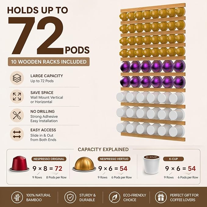 K Cup Holder,Wooden Coffee Pod Holder,10 PCS Under Cabinets Wall Mounte Vertically/Horizontally,Coffee Pod Storage for Coffee Shop Desktop Office and Kitchen, Bamboo Wood