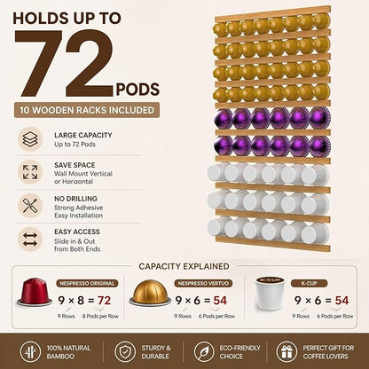 K Cup Holder,Wooden Coffee Pod Holder,10 PCS Under Cabinets Wall Mounte Vertically/Horizontally,Coffee Pod Storage for Coffee Shop Desktop Office and Kitchen, Bamboo Wood