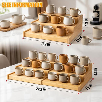 3-Tier Expandable Bamboo Mug Holder Shelf Rack For Countertop Coffee Cup Holder Display, Pantry Can Organizer for Cabinet, Coffee Bar Organizer for Kitchen