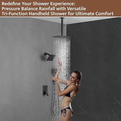 Shower System Matte Black Ceiling Mount Shower Faucet Set with 10 Inch Shower Head, Push Button Diverter Shower Fixtures with 3 in 1 Handheld,6 Inch Shower Head【All Functions Simultaneous Use】