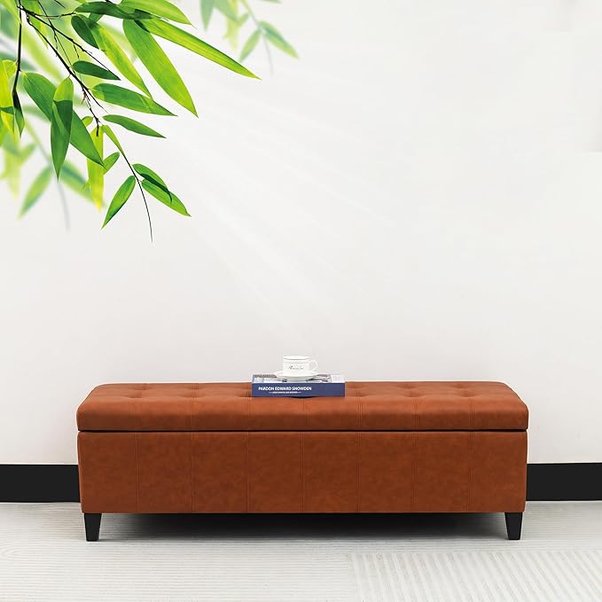 Homebeez 51" Faux Leather Storage Ottoman Bench, Tufted Rectangular Foot Rest Stool (51" Dark Orange)