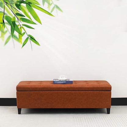 Homebeez 51" Faux Leather Storage Ottoman Bench, Tufted Rectangular Foot Rest Stool (51" Dark Orange)