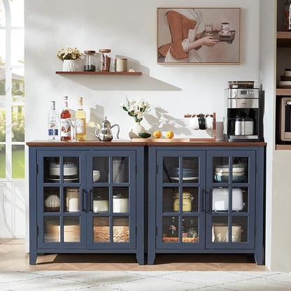 Large Sideboard Buffet Cabinet with Storage, 32" Farmhouse Kitchen Coffee Wine Bar Cabinet with 2 Glass Doors, Wood Mid Century Modern Side Board Table for Dining Room, Living Room, Navy Blue