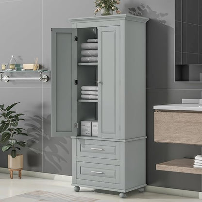Storage Cabinet, Tall Bathroom Cabinet with Adjustable Shelf | Tall storage cabinet, upper enclosed cabinet and 2 pull-out compartments keep daily essentials organized