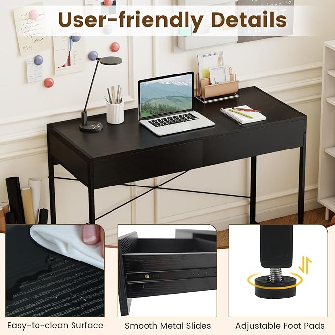 GOFLAME Modern 2-Drawer Computer Desk, Home Office Desk w/Reinforced Heavy-Duty Metal Frame, Versatile Study Writing Desk w/Anti-Tip Kit, Ideal for Bedroom, Study, Office, Small Spaces, Black