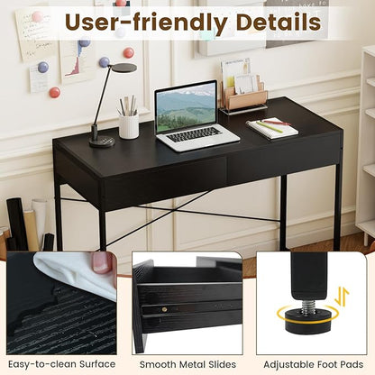 GOFLAME Modern 2-Drawer Computer Desk, Home Office Desk w/Reinforced Heavy-Duty Metal Frame, Versatile Study Writing Desk w/Anti-Tip Kit, Ideal for Bedroom, Study, Office, Small Spaces, Black