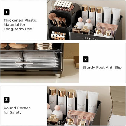 Makeup Organizer for Vanity with Brush Holder, Countertop Skincare Organizer with 2 Drawers, Spacious Cosmetic Display Case for Perfumes, Cologne, Shaving Lotion