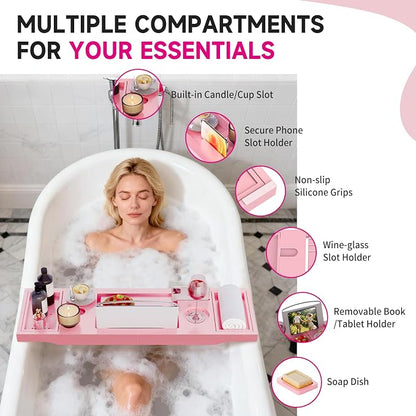Foldable Bathtub Caddy Tray, Bamboo Bath Tub Tray Table for Tub with Wine Glass Holder Book Phone Tablet Holder with Extending Sides, Adjustable Bathroom Bathtub Free Soap Holder Gift Idea (Pink)