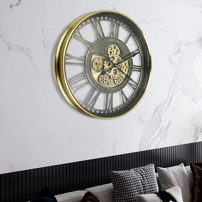 Real Moving Gears Wall Clock Large Modern Metal Clocks for Living Room Decor, Industrial Steampunk Unique Vintage Rustic Decorative Clock for Home Farmhouse Office, 27.6 Inch,Brass Gold Roman