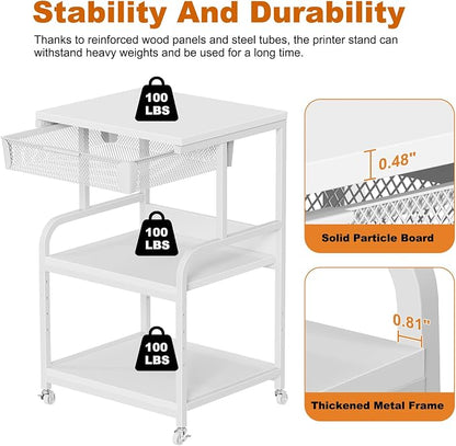EasyCom Large 3-Tier Rolling Printer Stand with Storage Drawer & 5 Adjustable Shelves Mobile Cart with Industrial Wheels for Home Office Desk Fits 3D Printer, Scanner, and Fax White