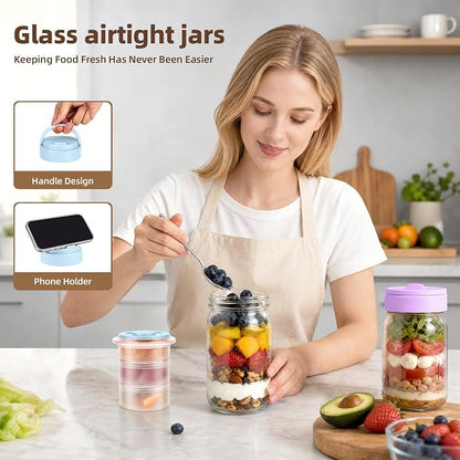 TQRR 32 OZ 4 Pack Overnight Oats Containers with Lids, Glass Storage Jar with Dry and Wet Separation, Leakproof Wide Mouth Mason Jars, Glass Jars with a Handle for Salads,Yogurt (2, Blue & Purple)
