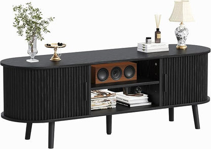 ChooChoo Mid Century Modern TV Stand for TVs up to 60 Inch, Entertainment Center with Fluted Sliding Doors and Hidden Storage, TV Console with Adjustable Shelf for Living Room, Bedroom, Black