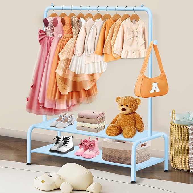 Kids Clothing Rack - Dress Up Clothes Storage Racks - Modern Wardrobe - Small Kids Costume Wardrobe Rack with 2 Fabric Floors Storage Shelf -Blue Dresser for Kids Bedroom