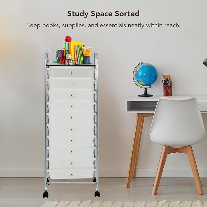 Display By Jack Rolling Storage Cart 10 Drawer Organizer with White Drawers, Slim 36" Chrome Frame, Locking Wheels, and Top Shelf for Office, Classroom, Bathroom, or Craft Storage