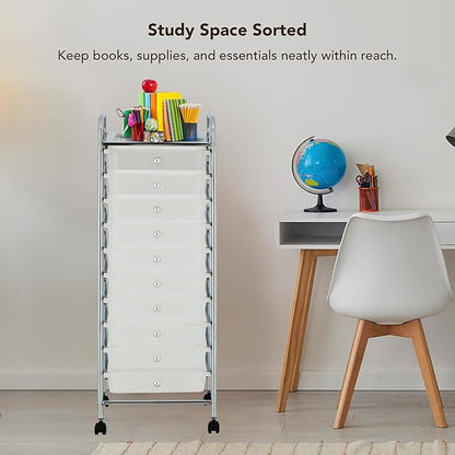 Display By Jack Rolling Storage Cart 10 Drawer Organizer with White Drawers, Slim 36" Chrome Frame, Locking Wheels, and Top Shelf for Office, Classroom, Bathroom, or Craft Storage