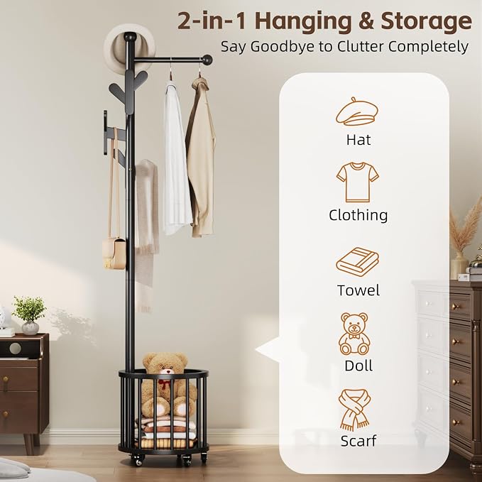 Uniclinens Freestanding Wooden Coat Rack with Umbrella Holder，Black Coat Rack with Hooks, Space-Saving Entryway Organizer for Hanging Clothes and Storing Towels, Bedroom, Living Room