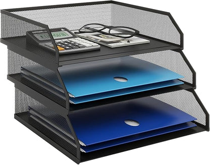 Natwind 3-Tier Stackable Paper Tray, Metal Mesh Desktop Organizer, A4 Paper Sorter, Letter Trays,File Folder Sorter Organizer with Sliding Tray for Home, Office, School (Black)