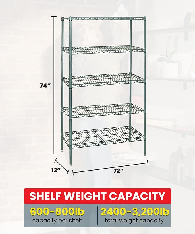 Quantum Storage Systems WR74-1272P-5 Starter Kit Wire Shelves Green Epoxy 5 Shelves 74" H x 72" W x 12" D