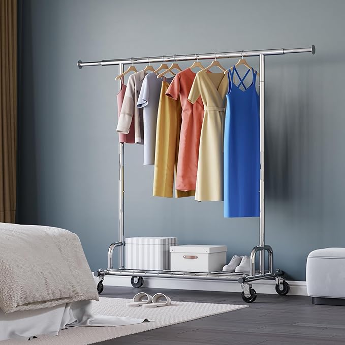 HOKEEPER Clothes Rack with Lockable Wheels Height Adjustable Clothing Rack Clothing Rack 300LBS Commercial Grade Portable Closet for Bedroom, Living Room, Laundry, Balcony, Silver