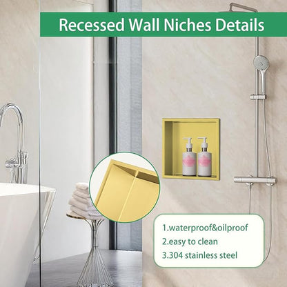 SaniteModar Shower Niche, Stainless Steel Shower Niche 12" X 12" No Tile Needed, Recessed for Bathroom Storage, Brushed Gold (Brushed Gold, 12x12)
