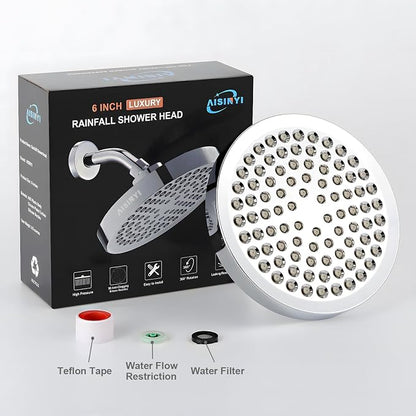 High Pressure Rainfall Shower Head, 6 Inches Luxury Modern Showerhead with Perfect Adjustable Replacement, Removable Restrictor, Easy Installation for Your Bathroom Shower Heads(Chrome Plated)