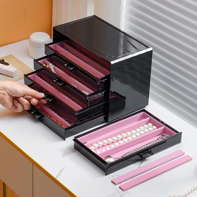 YUFONG Necklace Holder Organizer, Dustproof Necklace Box Velvet Necklace Organizer Box with Lid Clear Acrylic Dustproof Stackable Jewelry Displays for Necklaces Chain Display (Black Pink, 5 Drawer)
