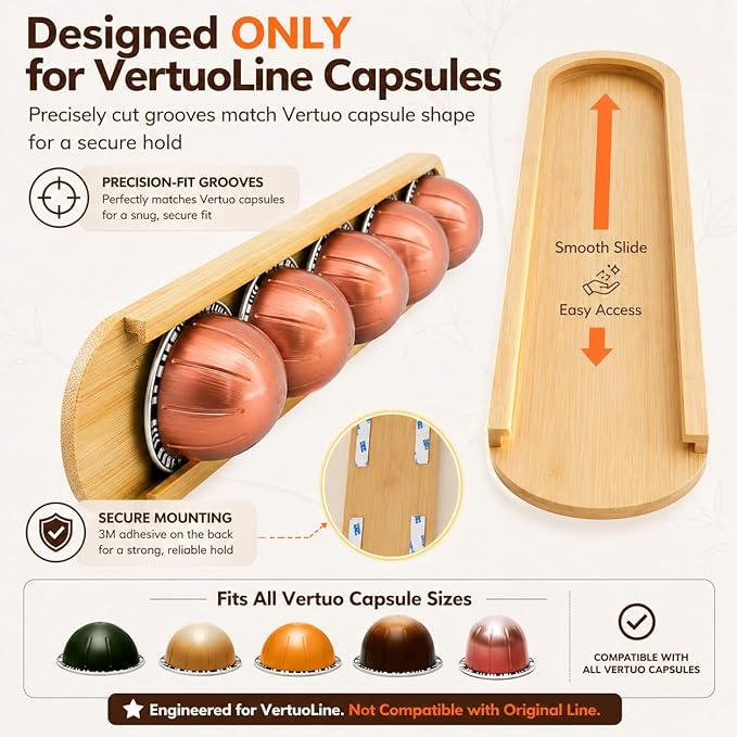 Bamboo Coffee Pod Holder, Adhesive Wall Mount (No Drilling) for Inside Cabinet Door, 20-Capsule Storage (Set of 4), Vertical & Horizontal, Compatible with Nespresso Vertuo Line-Bamboo Brown