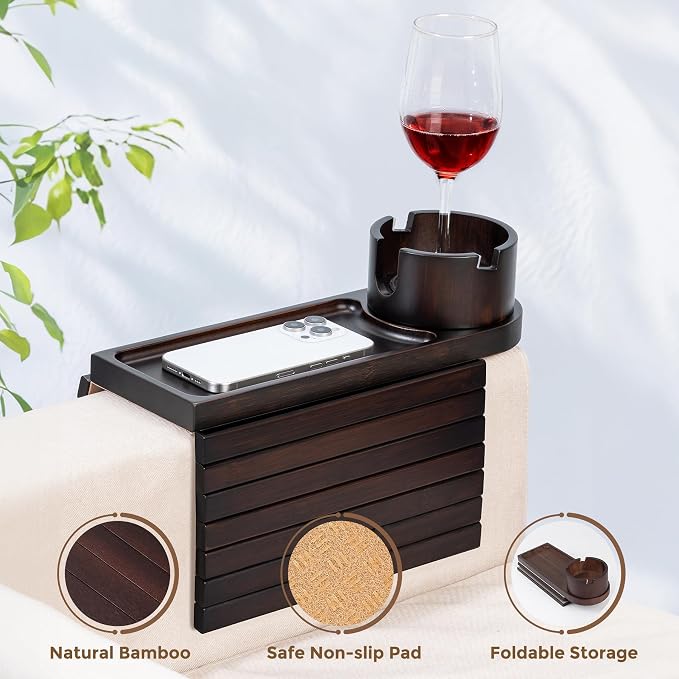 Couch Cup Holder for Armrests Over 4.9" Wide, Bamboo Couch Arm Tray with 360° Rotating Phone Stand, 3 in 1 Foldable Sofa Arm Tray Table for Remote, Snacks, Phone, Drinks Walnut