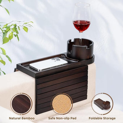 Couch Cup Holder for Armrests Over 4.9" Wide, Bamboo Couch Arm Tray with 360° Rotating Phone Stand, 3 in 1 Foldable Sofa Arm Tray Table for Remote, Snacks, Phone, Drinks Walnut