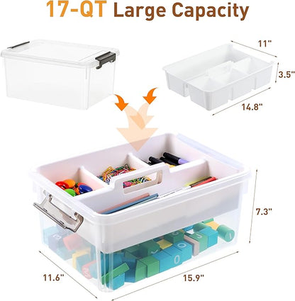 Citylife 17 QT Plastic Storage Bins Clear Storage Box with Removable Tray Stackable Latching Box with Handle for Organizing Tool, Craft, Office, Bead