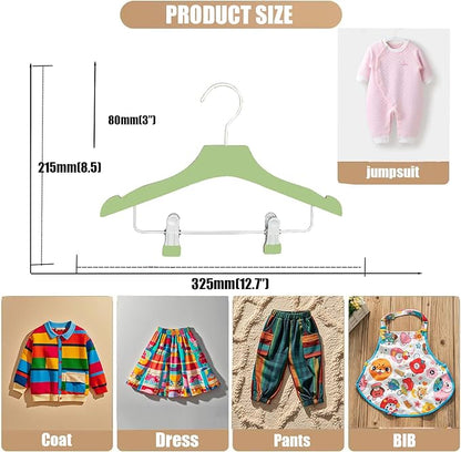 Green 12.7" Ultra-Thin Wooden Children Closet Clothes Clips Hangers 20PCS Wood Baby Kids Coat Hangers for Infant Toddler Newborn Jumpsuit Pants Skirts Jeans Space Saving Heavy Duty Durable