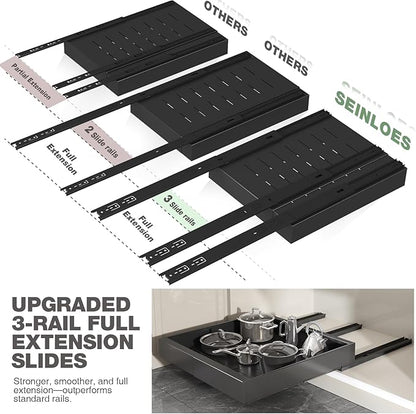 Seinloes 2 Pack Pull Out Cabinet Organizer 22" Deep,Full Extension 3 Slide Rails Slide Out Drawers With Raising Pad for Framed Cabinets,Expandable Width (12.3"-20.5"),No Drill Roll Out shelf,Black