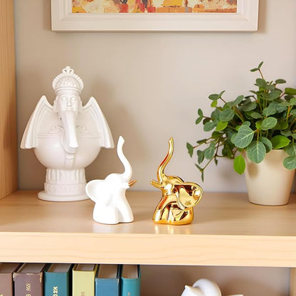 Home Decor Elephant Statues,1 Pair, Small Decorative Accents for Shelves, Livingroom and Bedroom, Gold and White