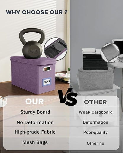 Oterri File Organizer With Lid, Hanging Filing Box With Mesh Pocket, Document Organizer for Letter Files, Portable Storage for Office & Home (2 PCS, Taro Purple)
