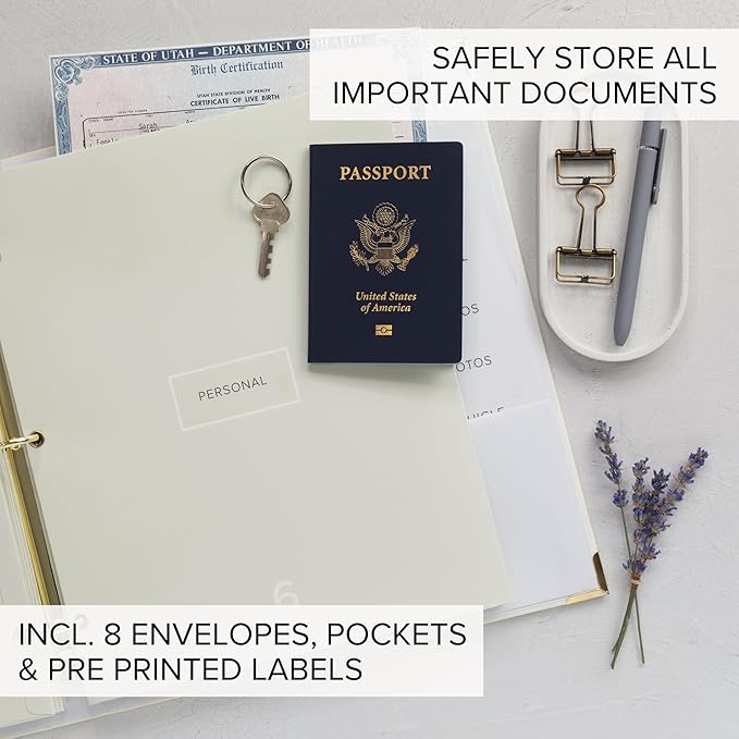 Important Document Organizer Set with Folders - Complete Linen Ring Binder Set Safely Stores All Documents & Files in One Place - Easy to Use Expanding Storage Incl. Envelopes, Pockets & Labels