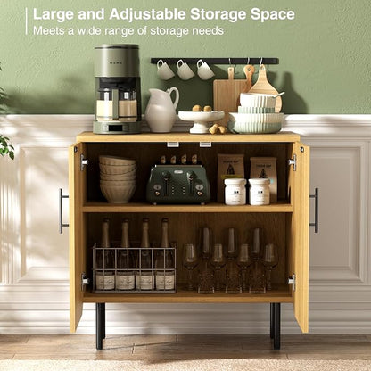 Sideboard Buffet Set of 2, Storage Cabinet with 2 Doors, Adjustable Shelf, Fluted Accent Cabinet for Living Room, Modern,Natural