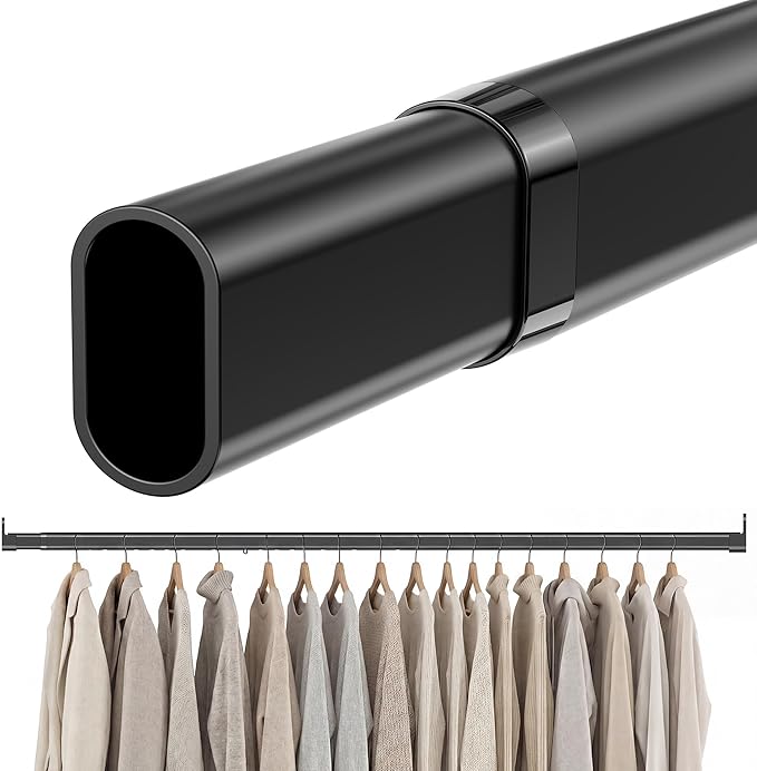 Oval Closet Rod 18-100 Inch Adjustable Closet Rods for Hanging Clothes Heavy Duty Black Poles Bar with End Supports Rust Proof Wardrobe Rod for Laundry Room RV