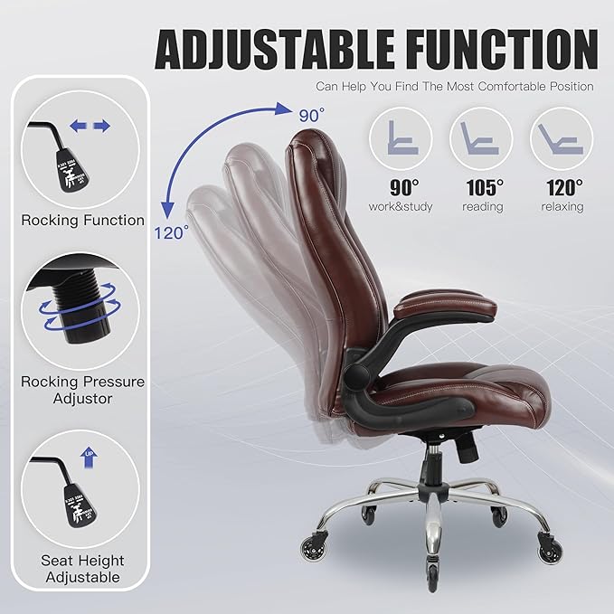 Big and Tall Office Chair for Heavy People, Executive Desk Computer Chair Adjustable Flip-up Armrests, PU Leather Swivel Task Chair with Ergonomic High Back and Lumbar Support（Brown