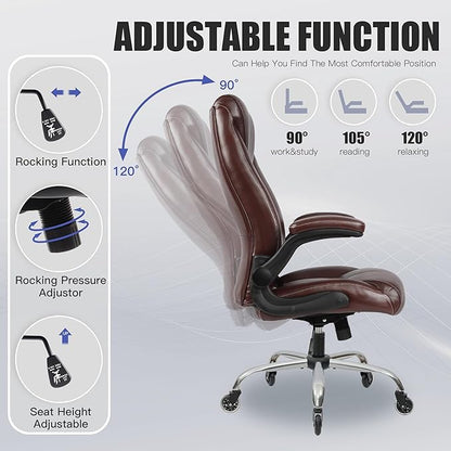 Big and Tall Office Chair for Heavy People, Executive Desk Computer Chair Adjustable Flip-up Armrests, PU Leather Swivel Task Chair with Ergonomic High Back and Lumbar Support（Brown