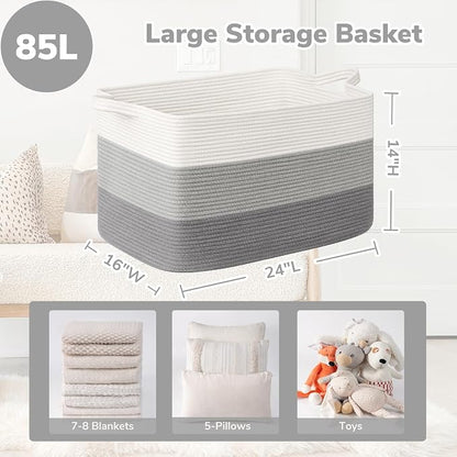 Goodpick 85L Large Woven Basket 23.6" x 15.7" x 13.8" Cotton Rope Storage Baskets for Organizing, Decorative Blanket Basket for Living Room Bedroom, Toy Baskets Storage Kids, Gray
