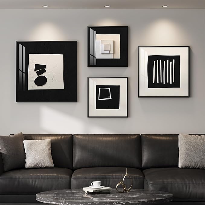 4 Piece Framed Modern Black and White Wall Art Set, Minimalist Abstract Prints Artworks, Bright Style Geometric Picture Painting Decor for Living Room Dining Room Hallway Bedroom Home Office